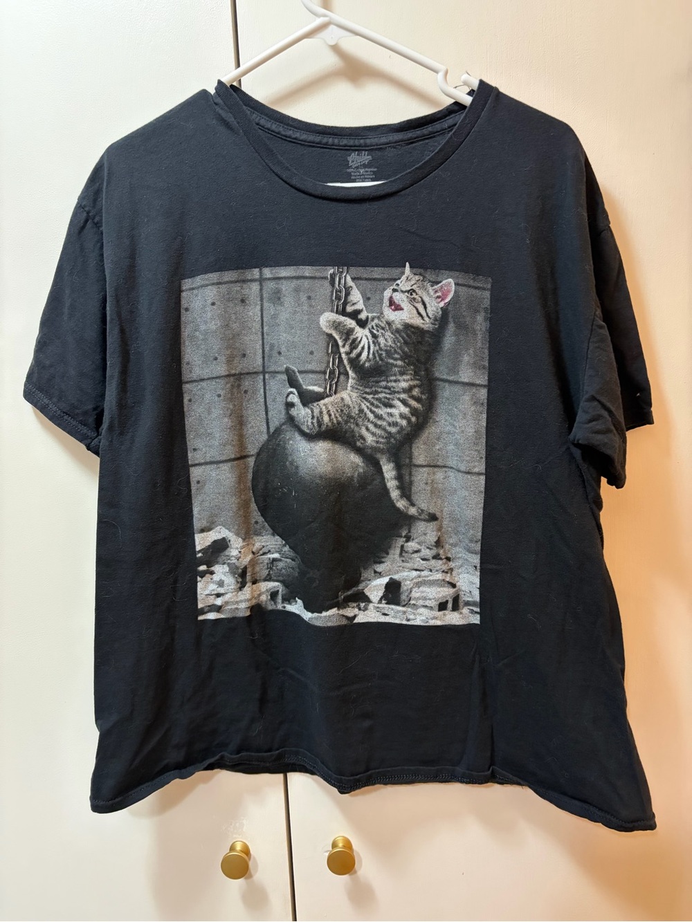 adidas Black Short-Sleeve Tee with Cat Wrecking Ball Graphic